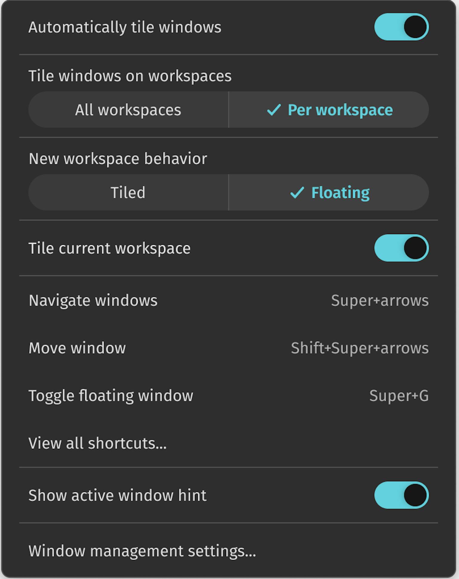 This screenshot of COSMIC's tiling applet shows settings for tiling mode. The user has tiling on Per Workspace, and has set new workspaces to use Floating mode.