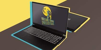 A stylized image of two Serval WS laptops back-to-back: one open and the other closed to provide a full view of the laptop. Notably, the keyboard includes a numpad.