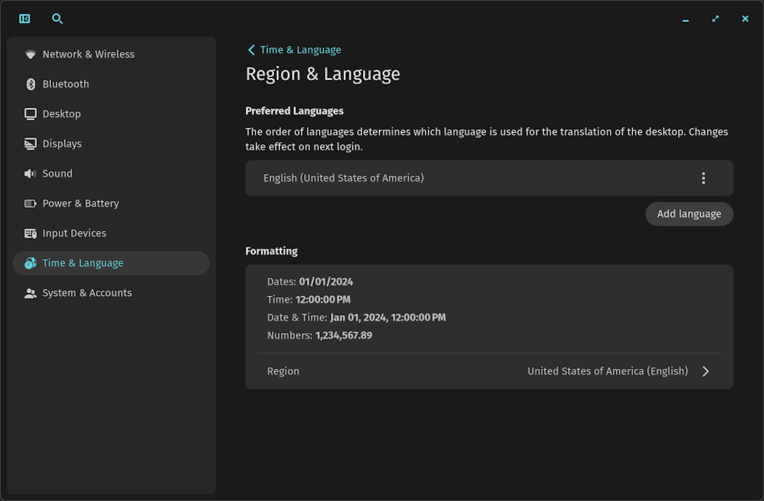 The Region & Language settings page in COSMIC Settings, divided into settings for Preferred Languages and Formatting.