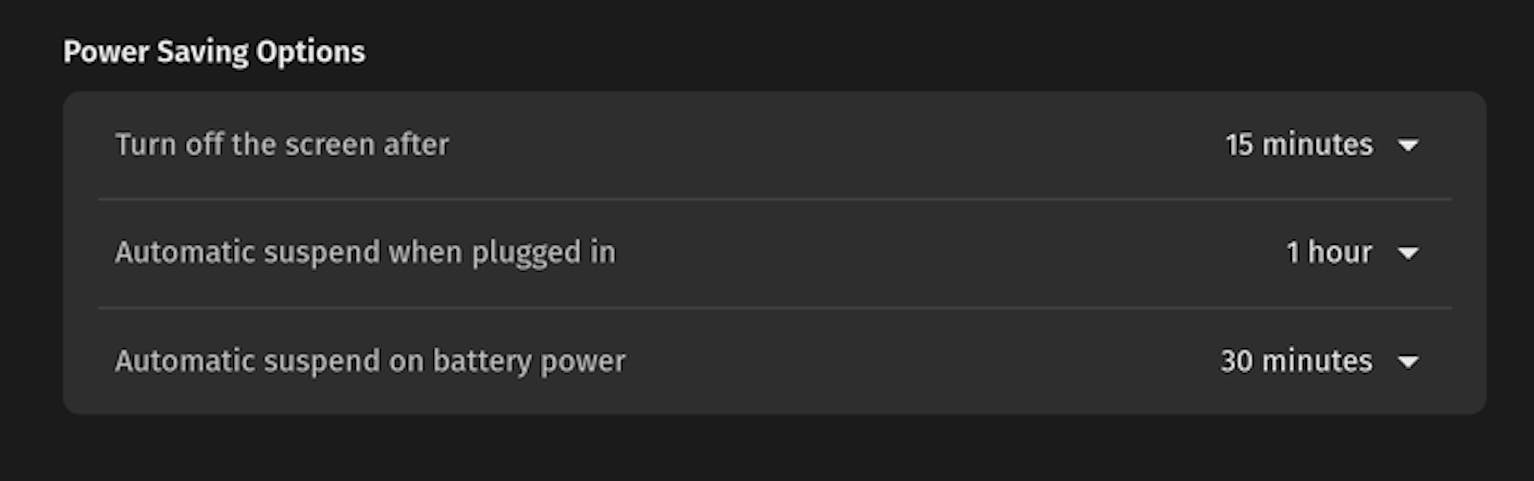 Power Saving Options include "Turn off the screen after" an energy-saving 15 minutes, "Automatic suspend when plugged in"  set at an hour, and "Automatic suspend on battery power" set to 30 minutes.