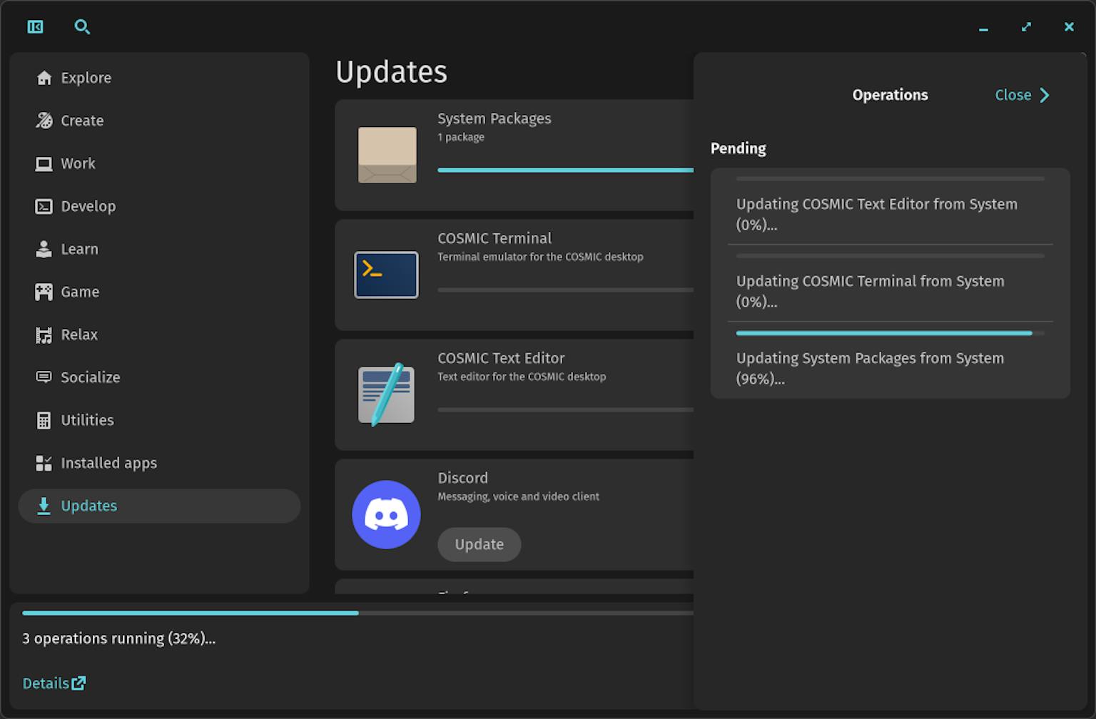This screenshot of the COSMIC Store shows an open "Operations" context menu tracking the progress of three pending updates.