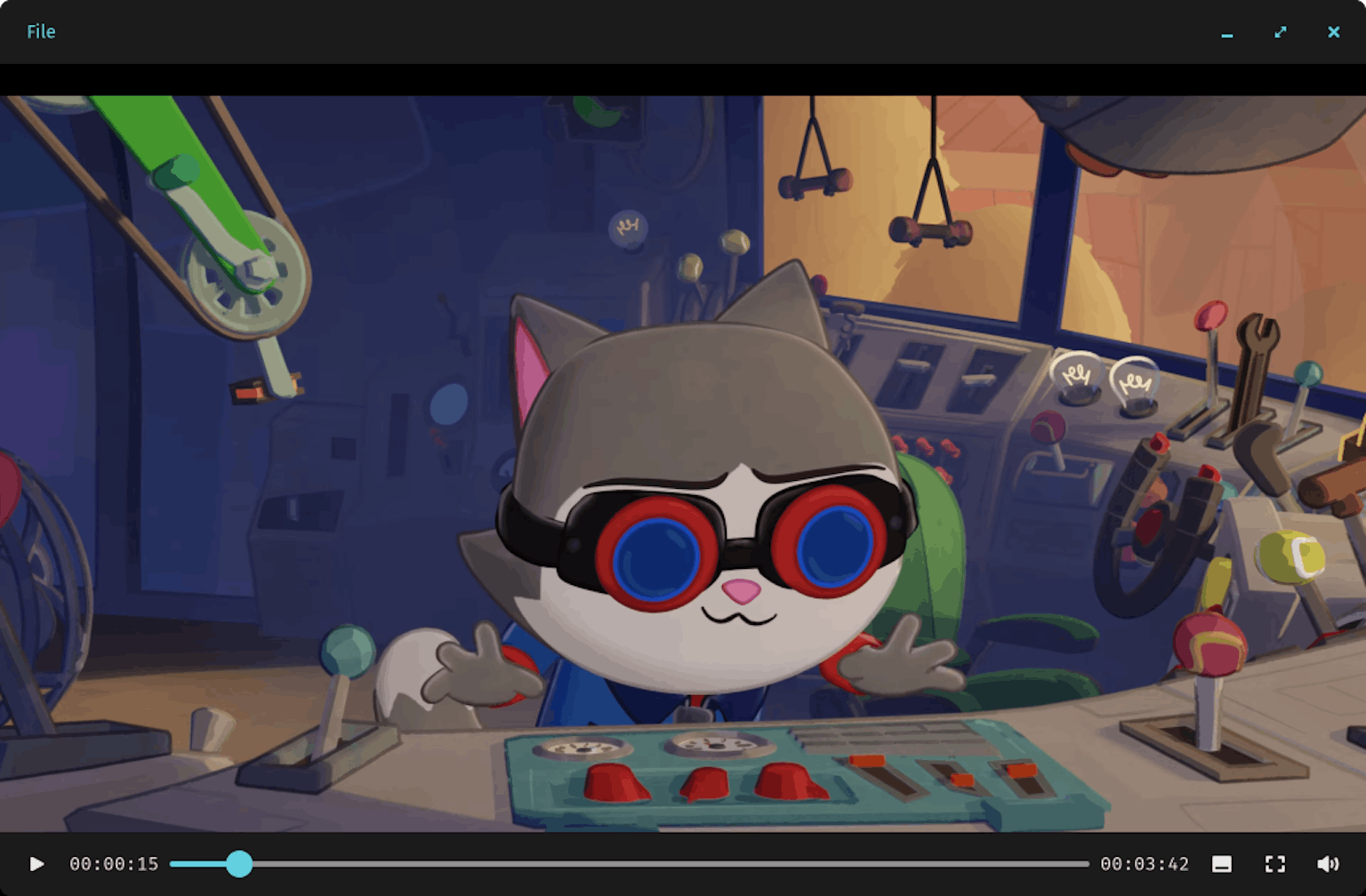 The current state of the COSMIC Media Player, featuring the Blender-made animated short, “Wing It!”