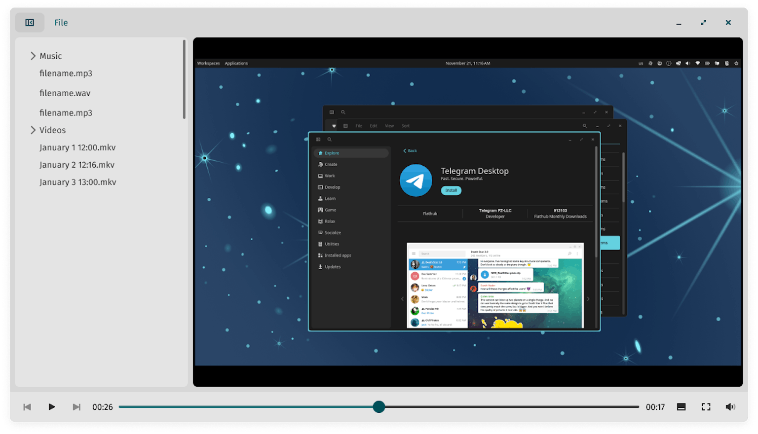 A mockup of the COSMIC Media Player design includes a tree view for selecting various audio and video files.