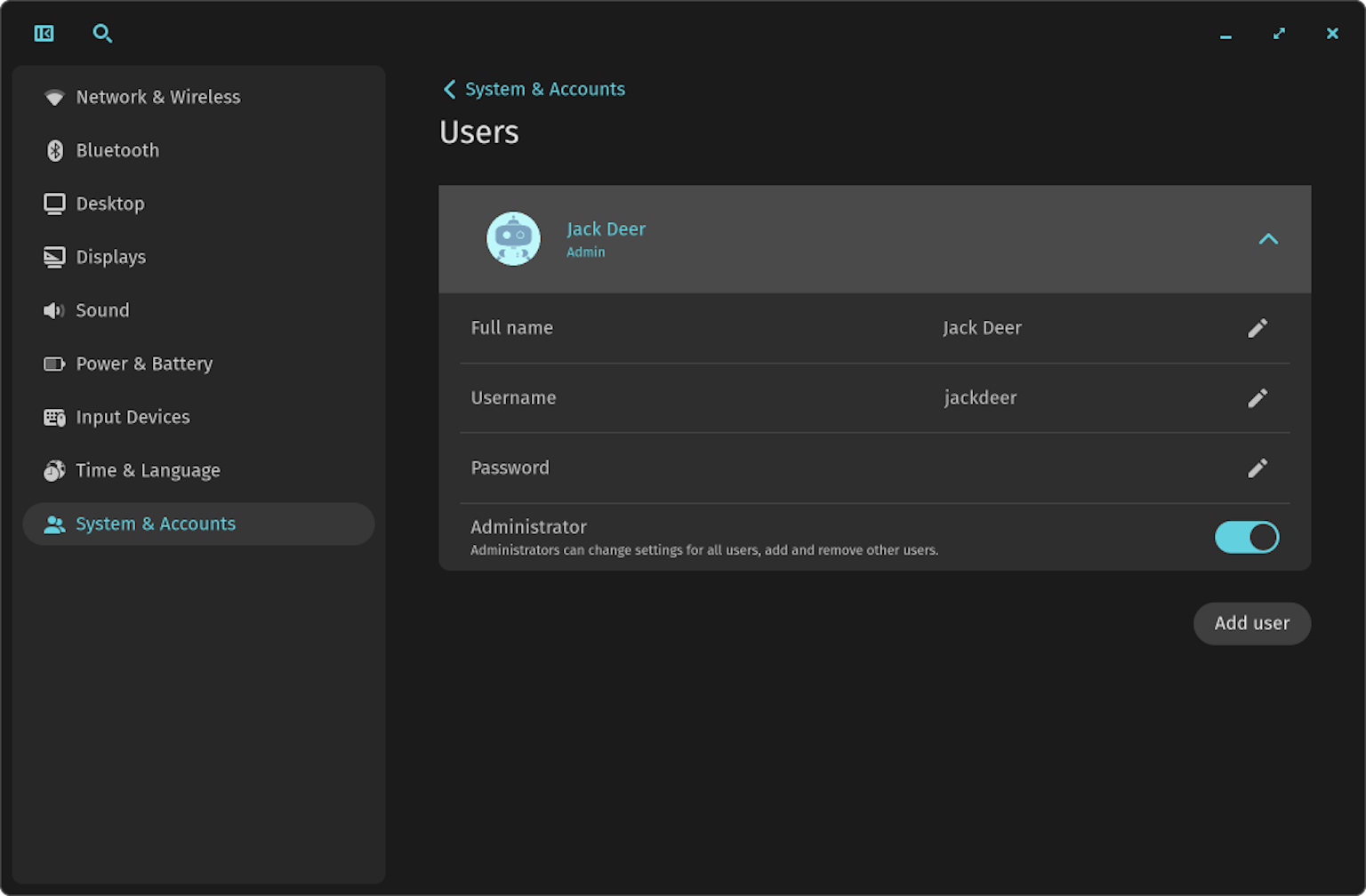 The Users Settings page includes fields for editing a user's name, username, password, and admin access, as well as a button for adding a user.