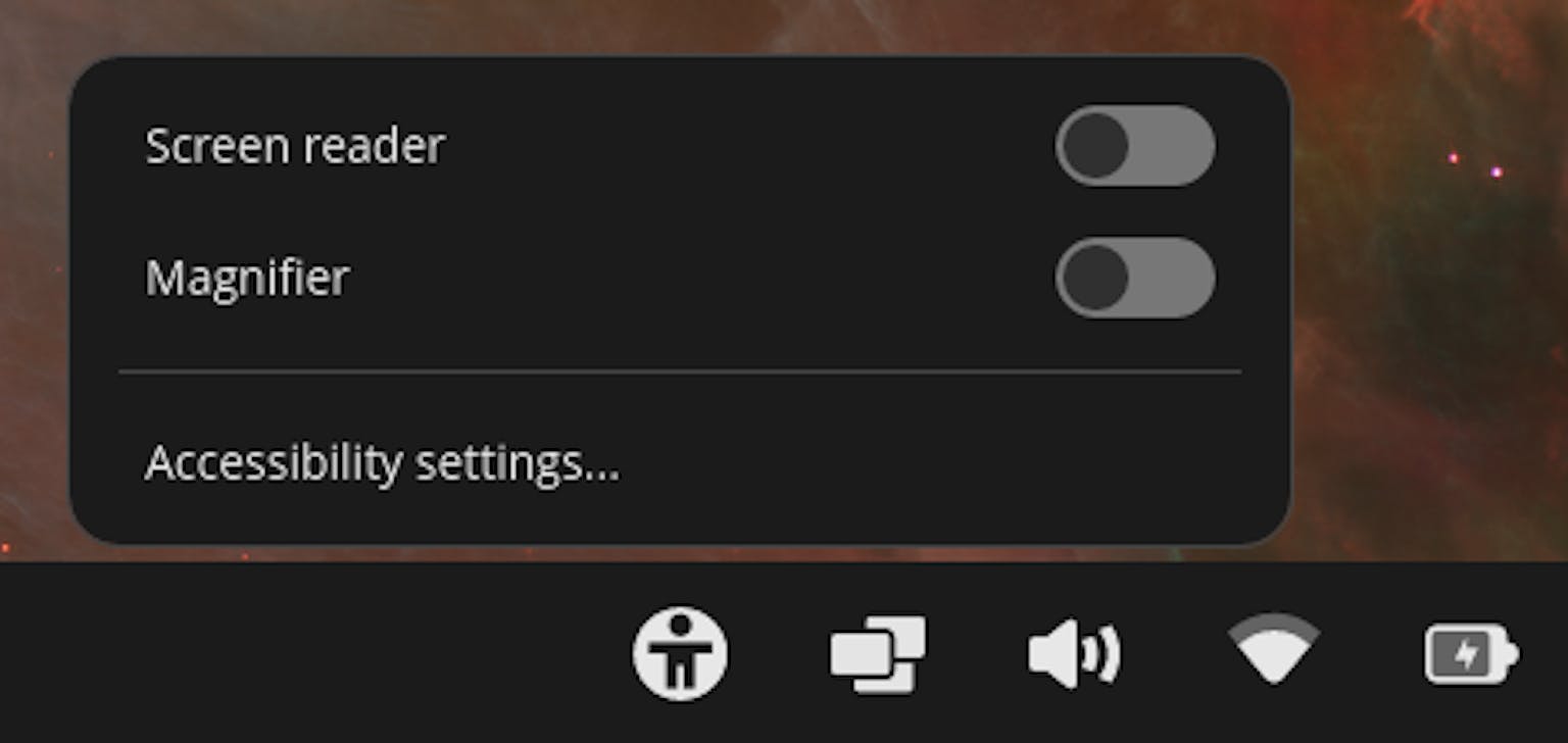 A screen shot of the accessibility applet in Alpha 6 shows a new Magnifier toggle alongside the Screen reader toggle, as well as an option to navigate to Accessibility Settings.