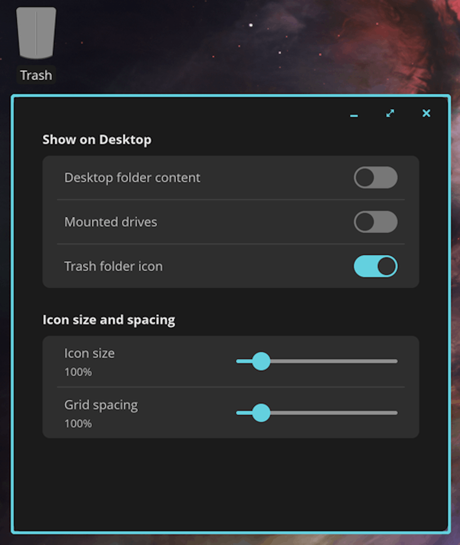Desktop view settings are opened beneath a Trash icon on the desktop. Settings include a toggle to show the Trash icon, mounted drives, and folder content; as well as sliders for adjusting icon size and grid spacing.