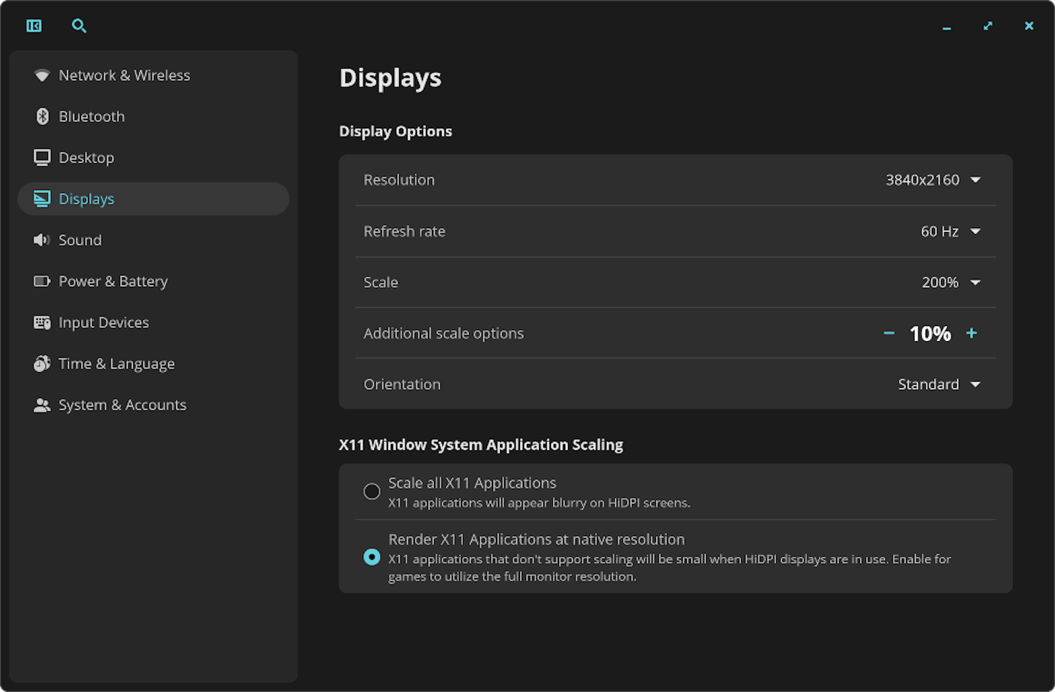 A screenshot showing the new additional scaling options. This user has scaled their desktop by 210%.