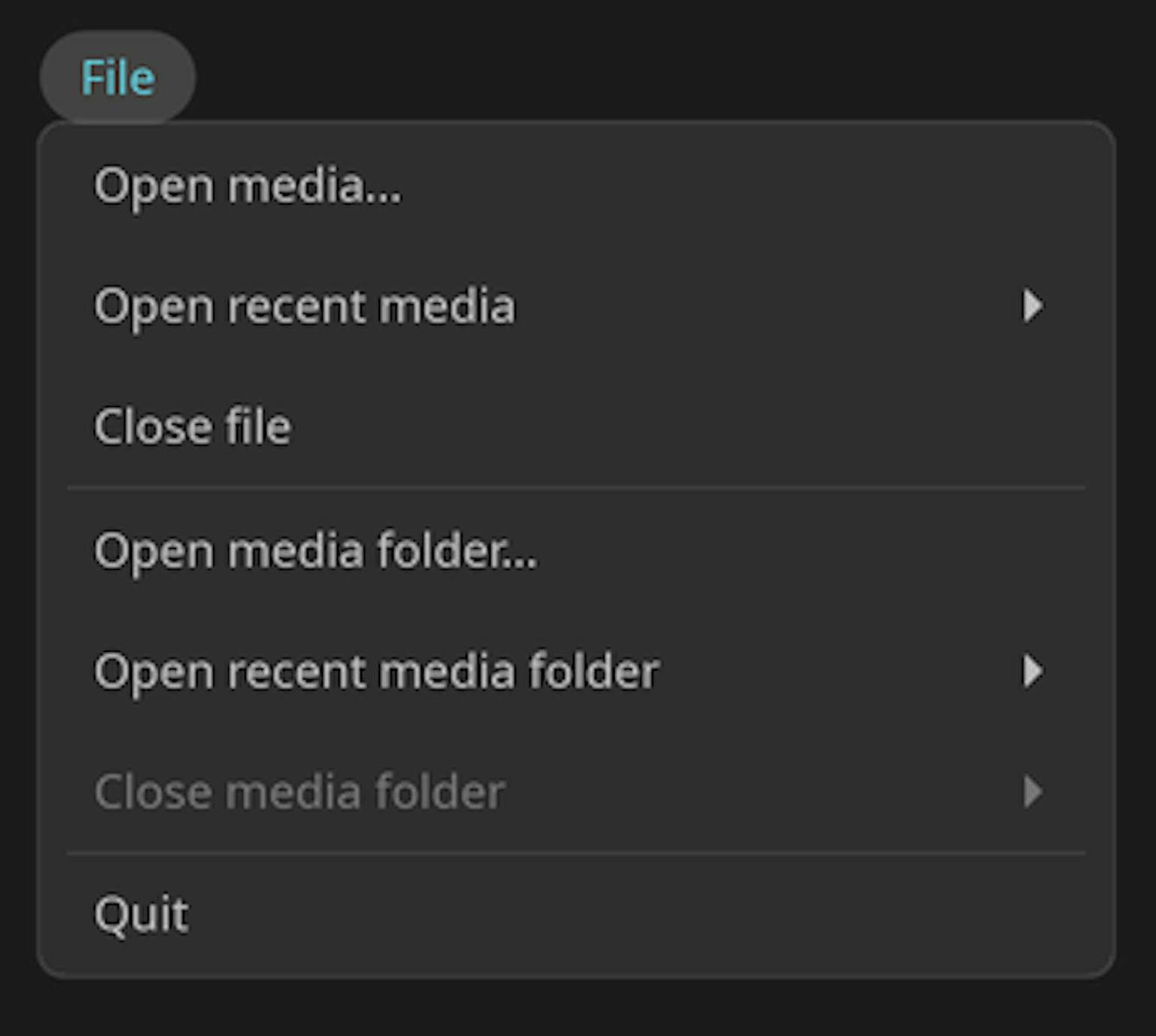 File menu options for COSMIC Media Player include opening and closing media, as well as opening recent media or recent folders.