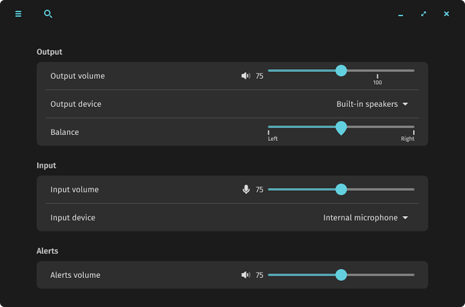 On this Sound Settings page, Output controls include a Left-Right balance slider for prioritizing sound volume in one ear or the other.
