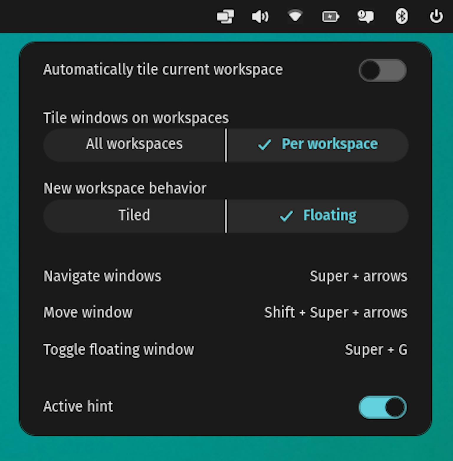 Tiling settings as the user would see them from the applet in the top bar. This includes shortcuts for navigating between windows or moving them, showing or hiding the active hint, and toggling between active or floating windows.