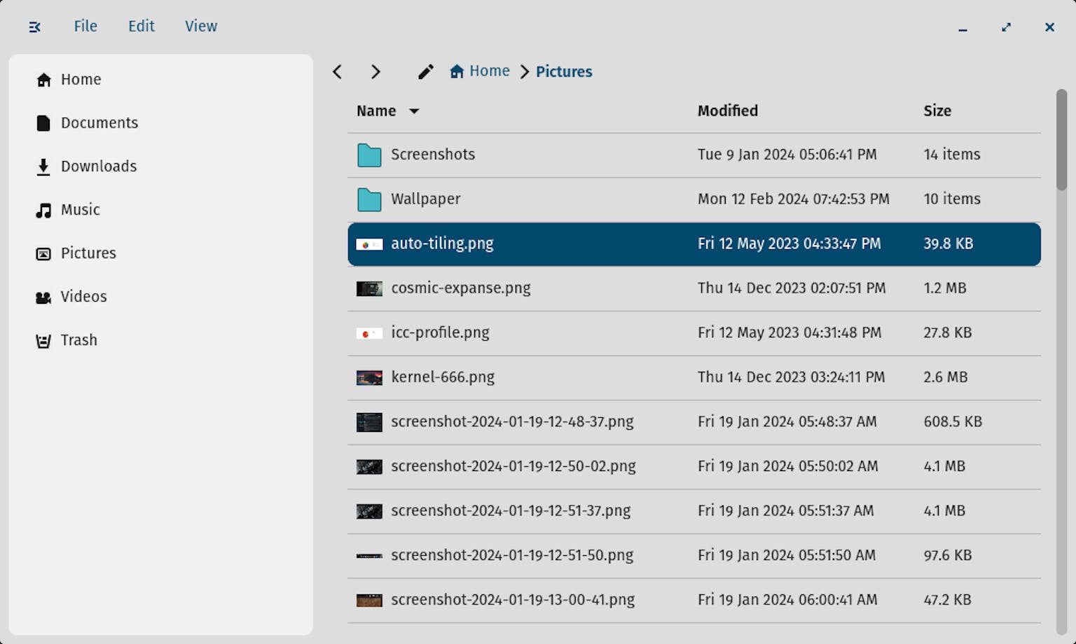 The current implementation of the COSMIC Files file manager in List View.