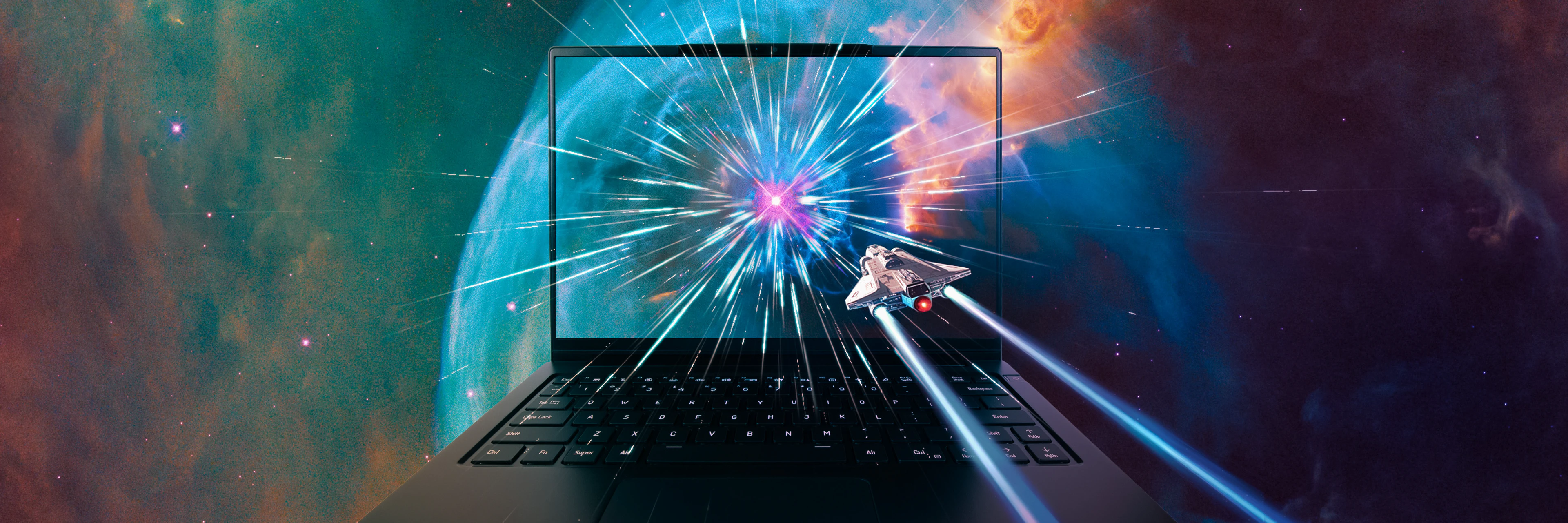 lemur laptop with rocket ship flying toward it and a space background