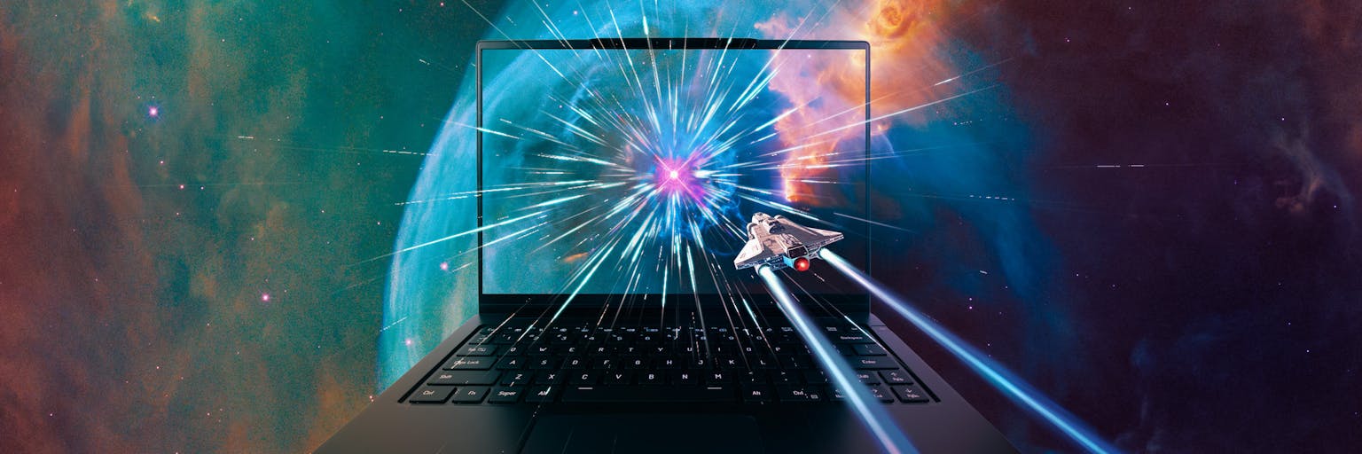 lemur laptop with rocket ship flying toward it and a space background