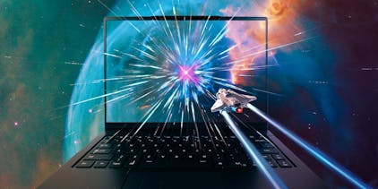 lemur laptop with rocket ship flying toward it and a space background