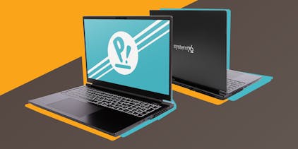 Oryx Pro Laptop with Pop OS logo on screen
