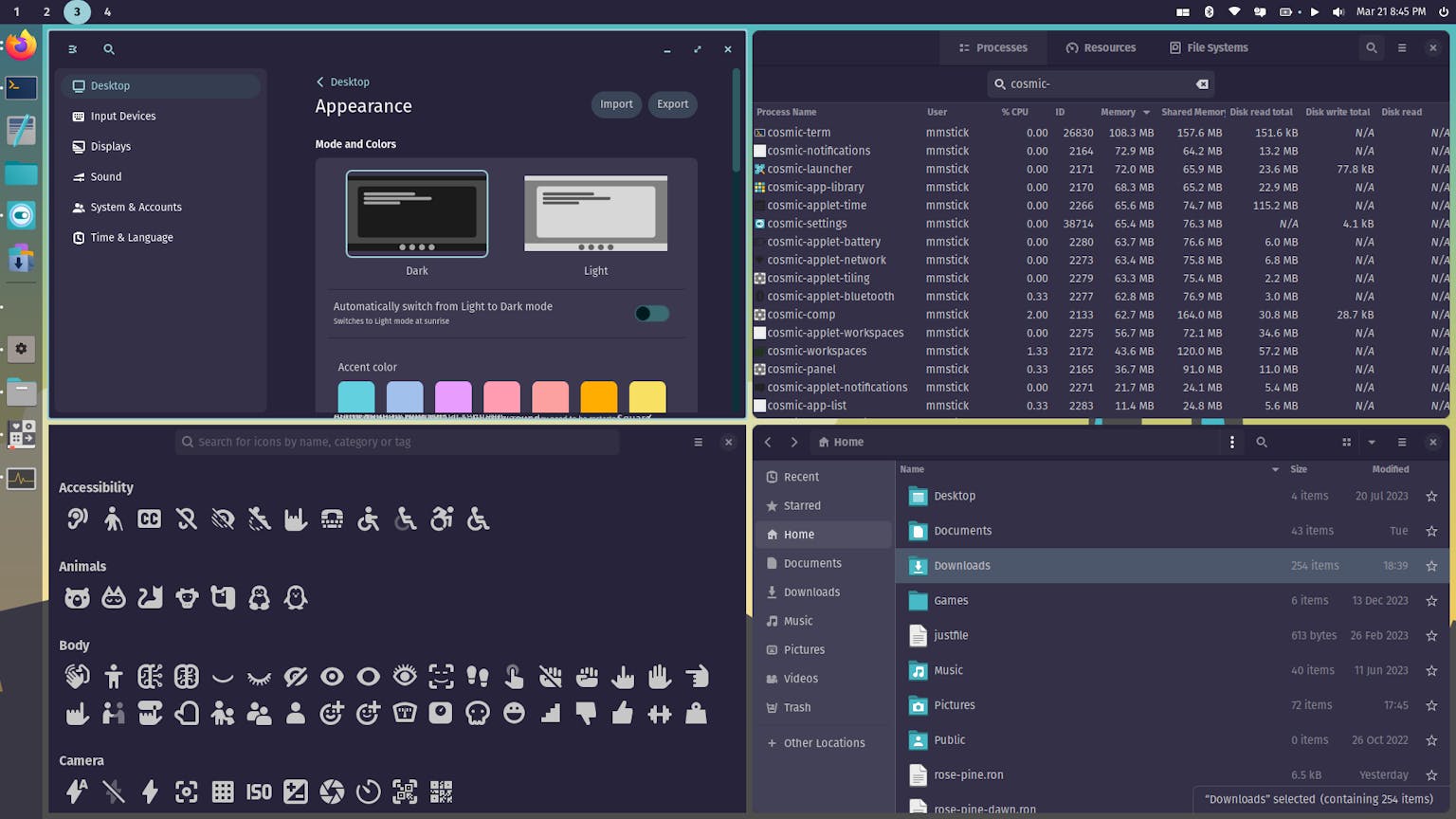 A custom COSMIC theme is dynamically applied to GTK3 and GTK4 applications.
