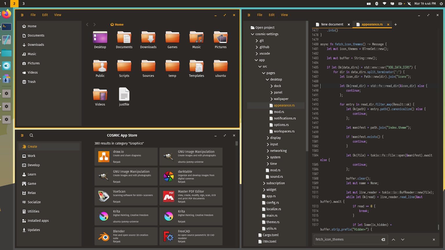 The COSMIC icon theme was changed to Humanity, as evidenced by the orange icons in COSMIC Files. This is also applied to GTK applications.