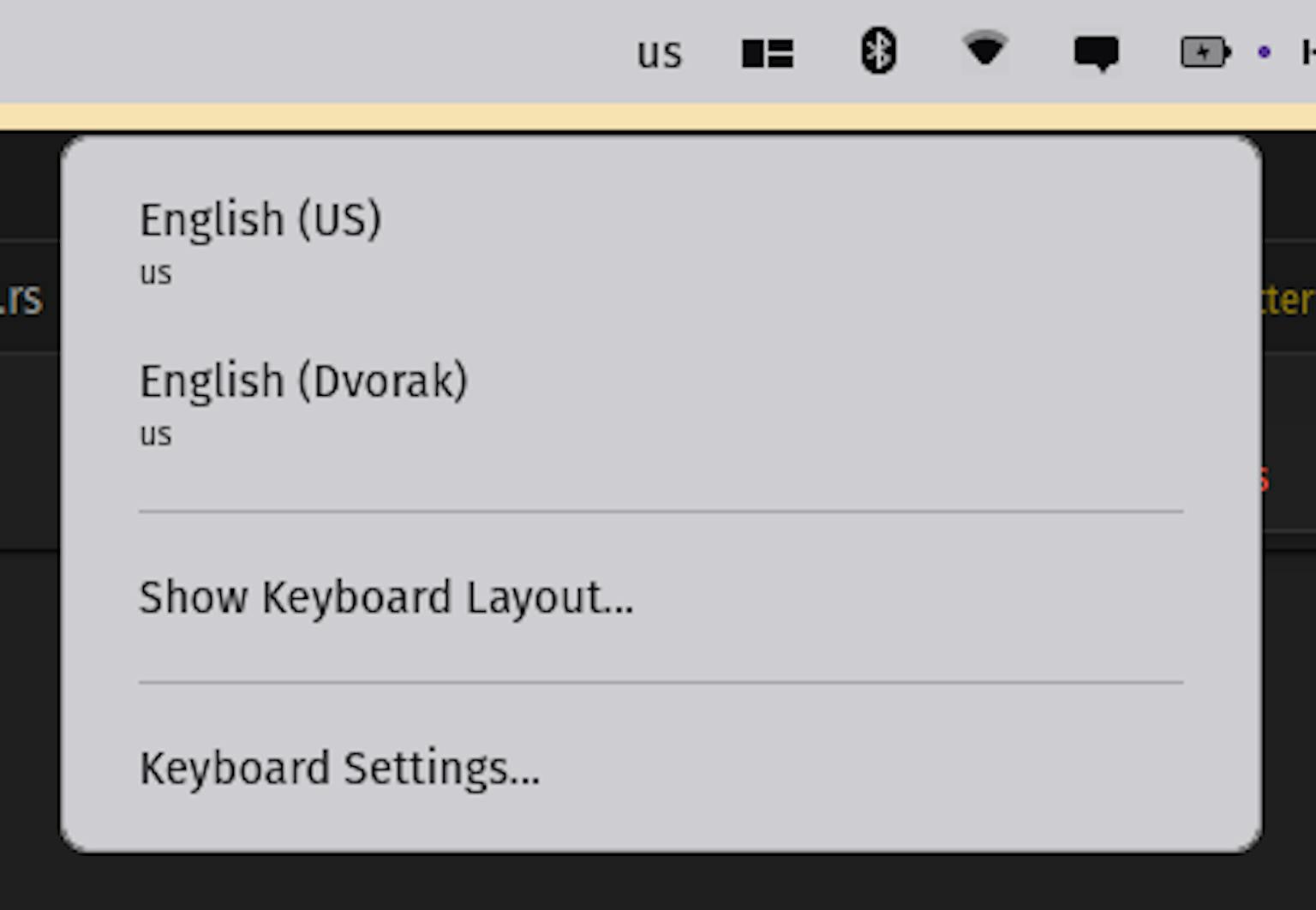 Dominic's input sources applet presents options to change the language of the keyboard from English (US), change the layout from English (Dvorak), show the user's keyboard layout, and open keyboard settings.