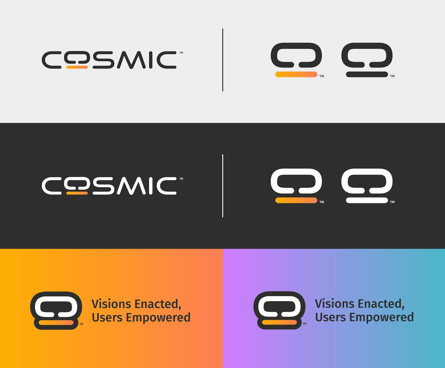 COSMIC logos, colors, gradients, and tagline.
