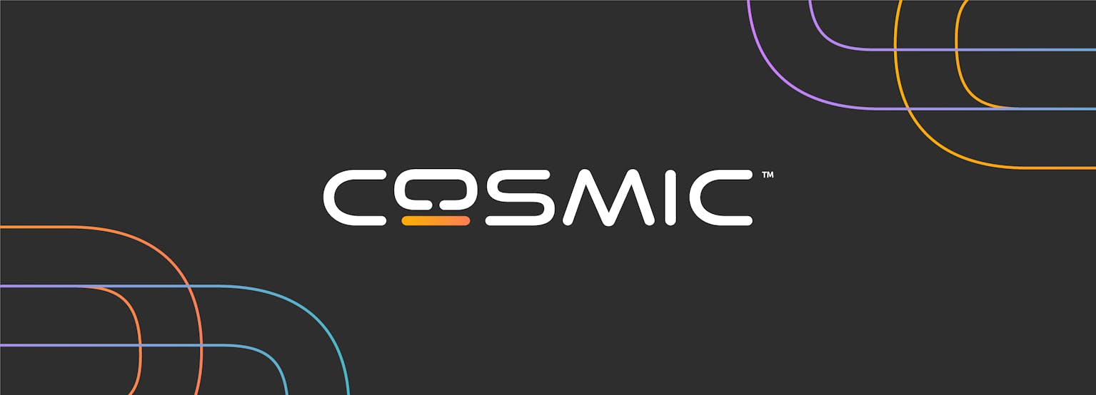 COSMIC wordmark and brand colors. The COSMIC logo uses an open 'O' to represent open source, and to resemble a display. The gradiented orange-red blip underneath resembles a keyboard, and the many customizations achievable with COSMIC.