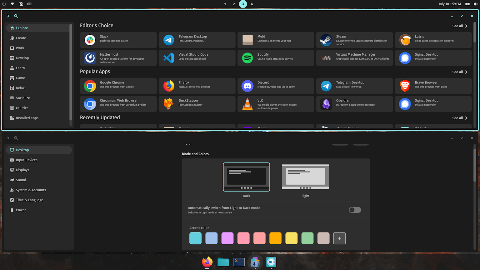 The COSMIC Store and COSMIC Settings are shown in adjacent half-tiles. COSMIC Settings is inactive, and there is visible difference in color styling between its header bar and the active COSMIC Store header.