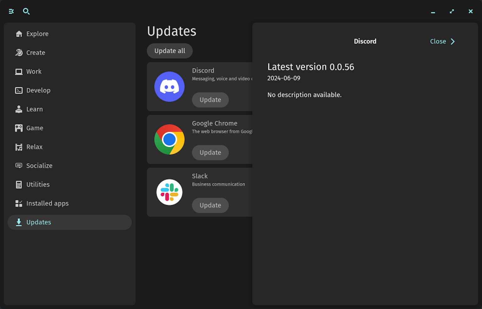 Clicking the release notes button on the Updates page in COSMIC App Store lets you see what version you're downloading, as well as a description for the update if one is provided. This Discord update contains version 0.0.56.
