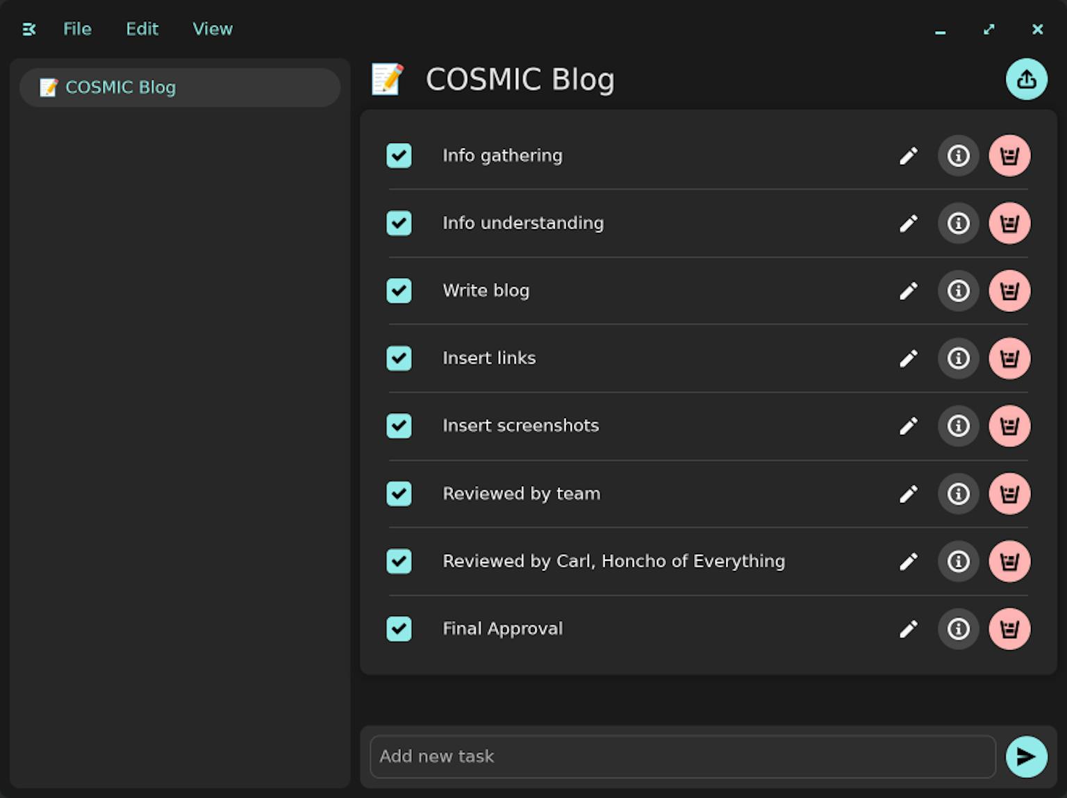 The author of this COSMIC updates blog enjoys a completed checklist in the COSMIC Tasks app, from the info gathering stage to final approval.