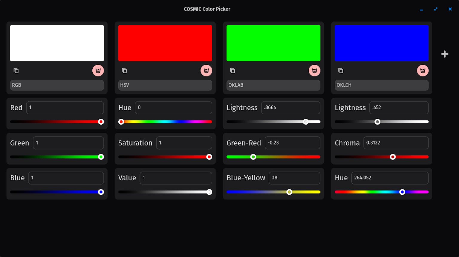 The COSMIC color picker shows 4 different colors, as well as sliders for RGB levels,  Hue, Saturation, Value, warmth, and more.
