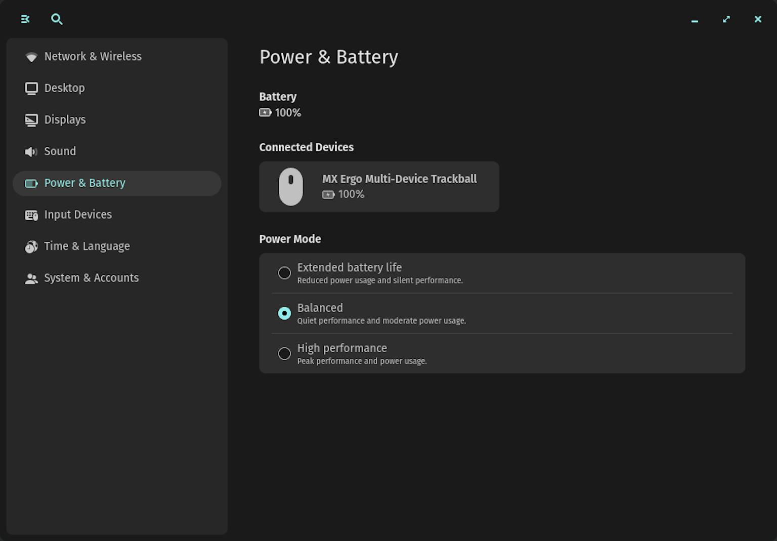 COSMIC Power and battery menu