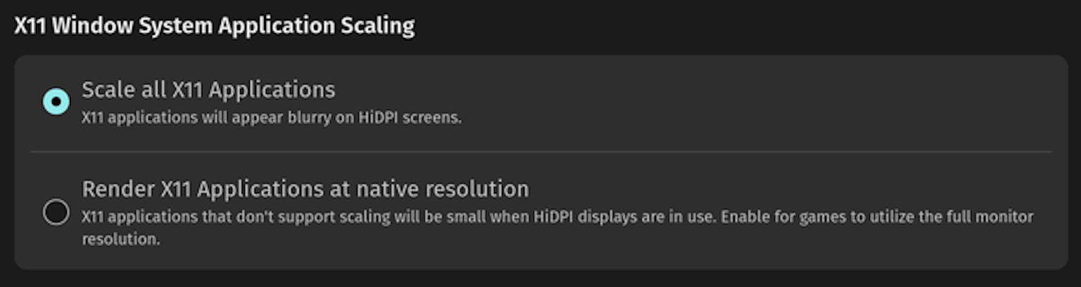 Alpha 2 COSMIC Display Settings X11 Scaling