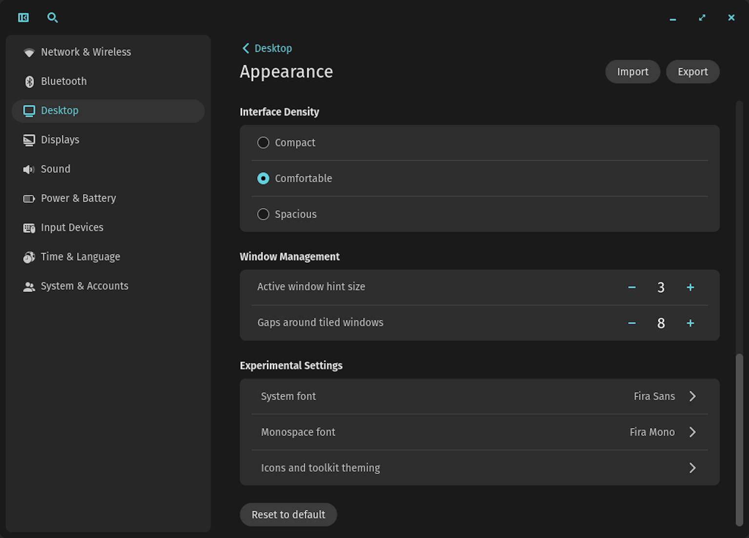 This screenshot shows the new Experimental Settings on the Appearance Settings page that include custom system fonts, monospace fonts, icons, and toolkit theming.