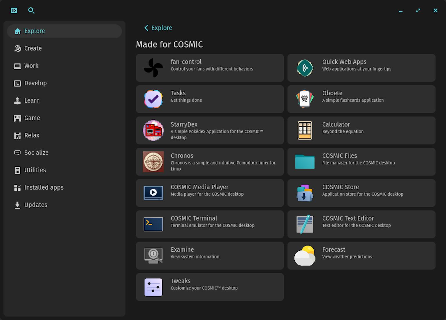 This screenshot of the Explore page in the COSMIC Store shows featured “Made for COSMIC” apps, such as a task manager, calculator, and weather app.