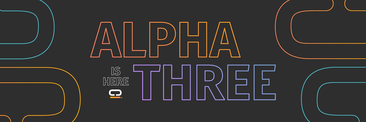 "Alpha 3 is here!" header image written like a futuristic neon sign
