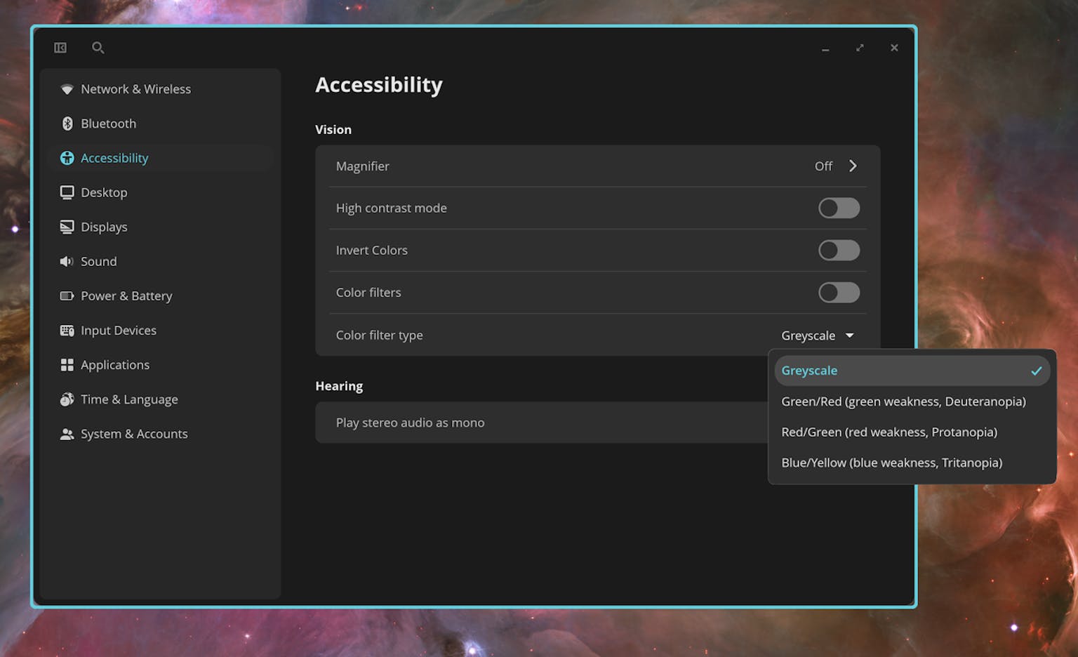 This screenshot shows the new toggles for high contrast mode, color inversion, and color filters in Accessibility Settings. A dropdown reveals that a Greyscale filter is selected alongside Green/Red, Red/Green, and Blue/Yellow filter options.