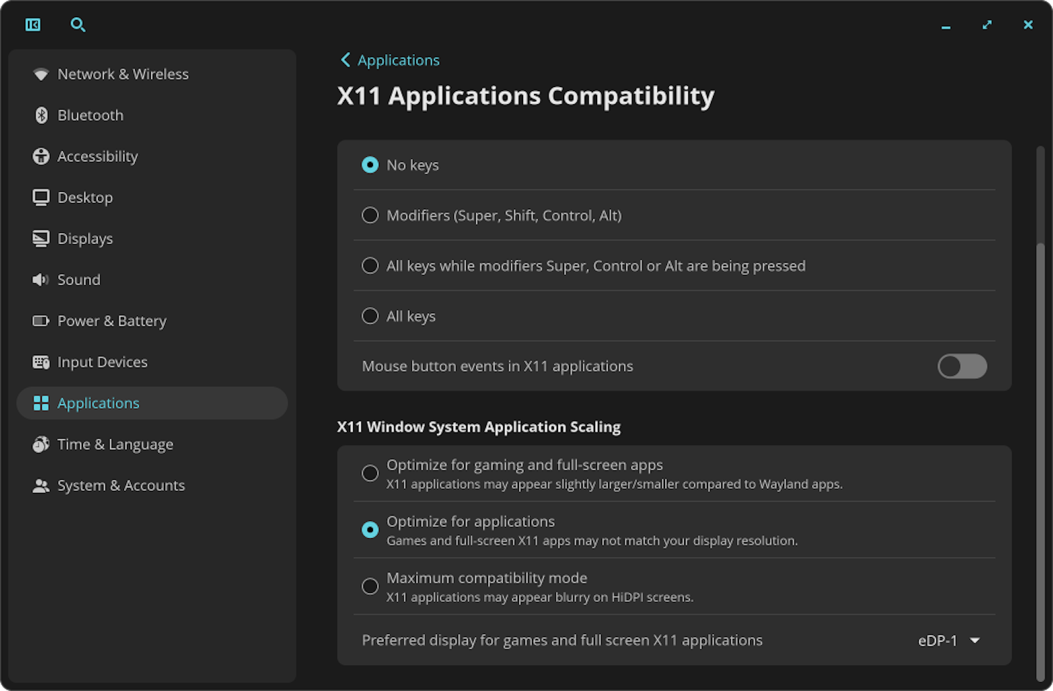 This Applications Settings page shows which keys can global shortcuts, including modifiers, all keys after a pressed modifier, all keys, and mouse button events in X11 applications.