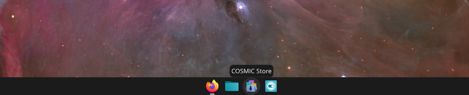 This user has hovered their cursor over an app icon to see what application it is. This prompts a tooltip to appear, which reads: “COSMIC Store”. Though the cursor’s beautiful essence was not captured in the screenshot itself, it is, in fact, present.