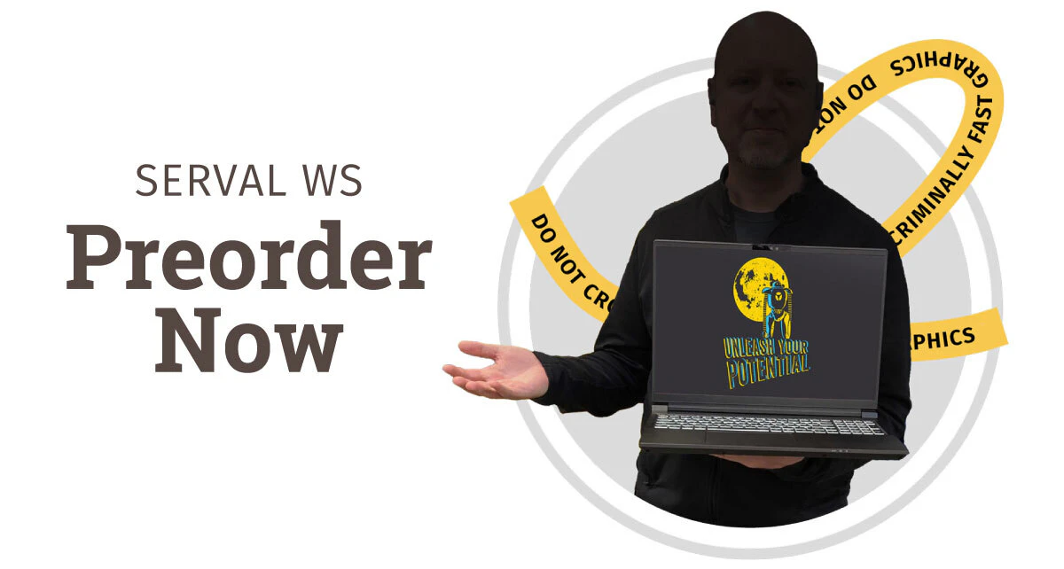 Sillouetted System76 QA person holding a Serval WS with crime tape behind them.