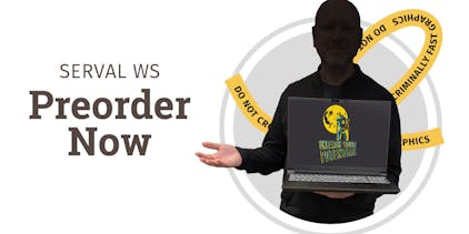 Sillouetted System76 QA person holding a Serval WS with crime tape behind them.