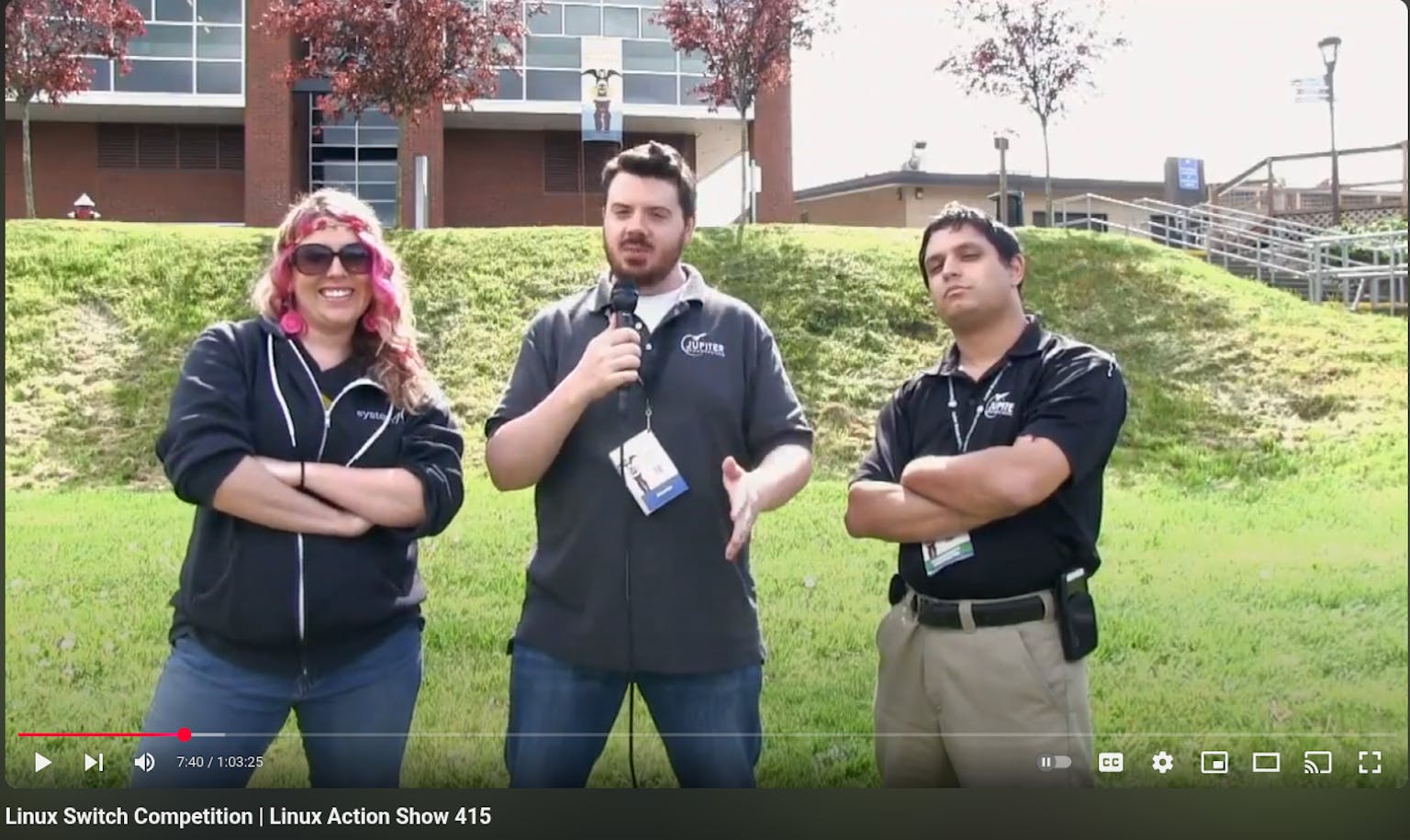Youtube screengrab of Linux Action Show #415 with Emma, Chris and Noah looking fierce.