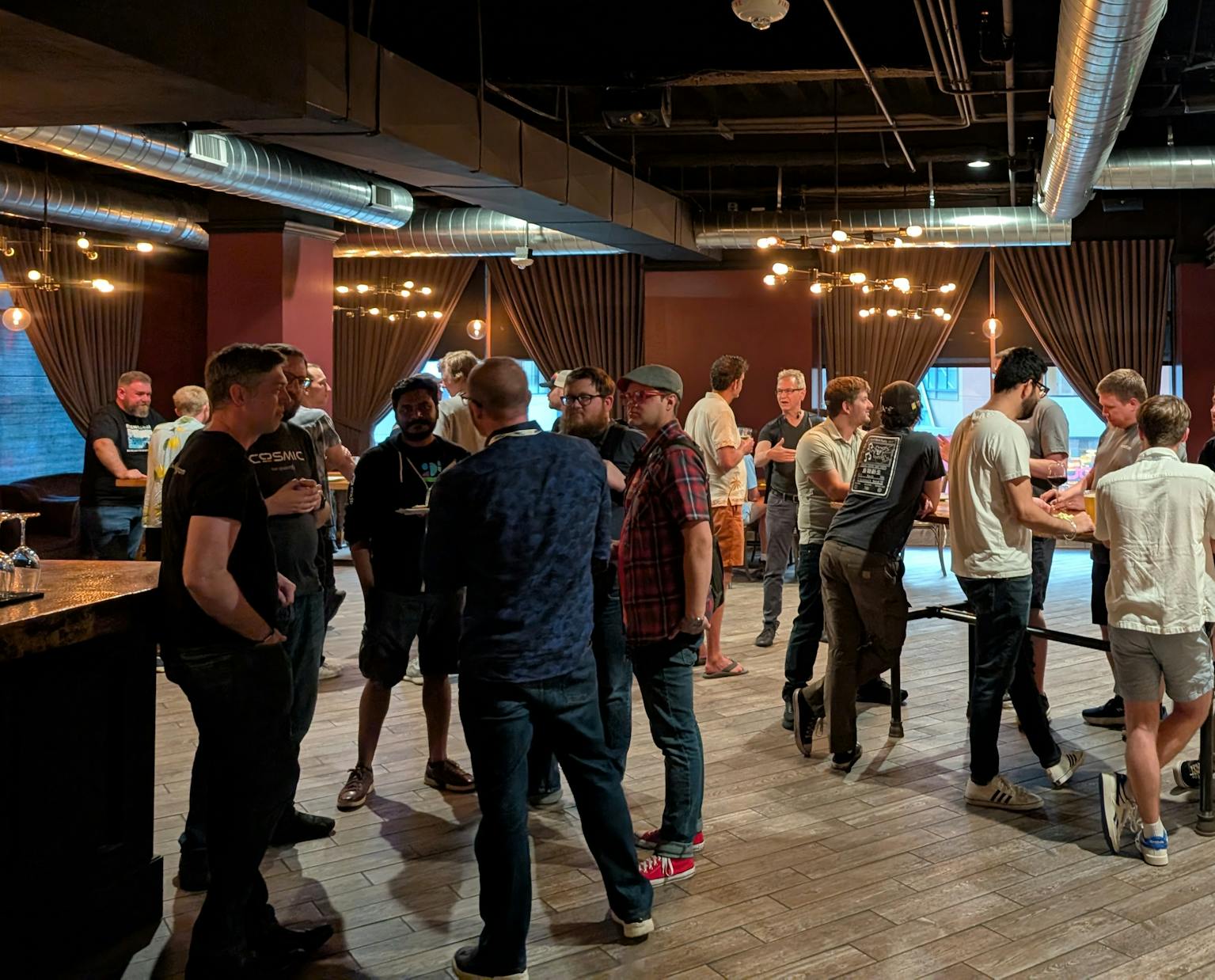 Happy Hour with System76 POV walking in to a group of open source fans talking
