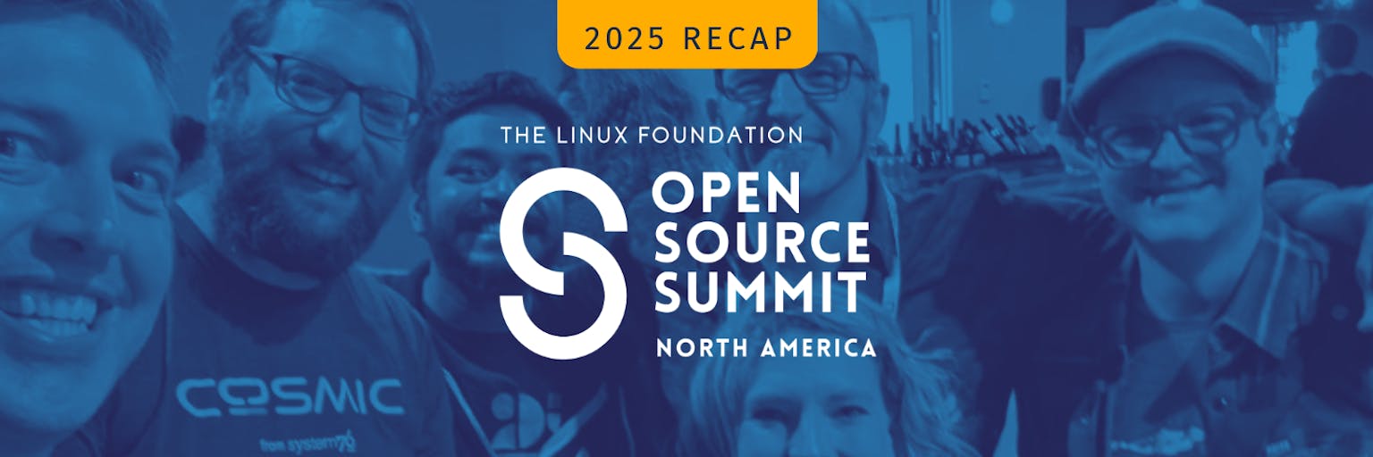 open source summit North America 2025 in text with group photo in background