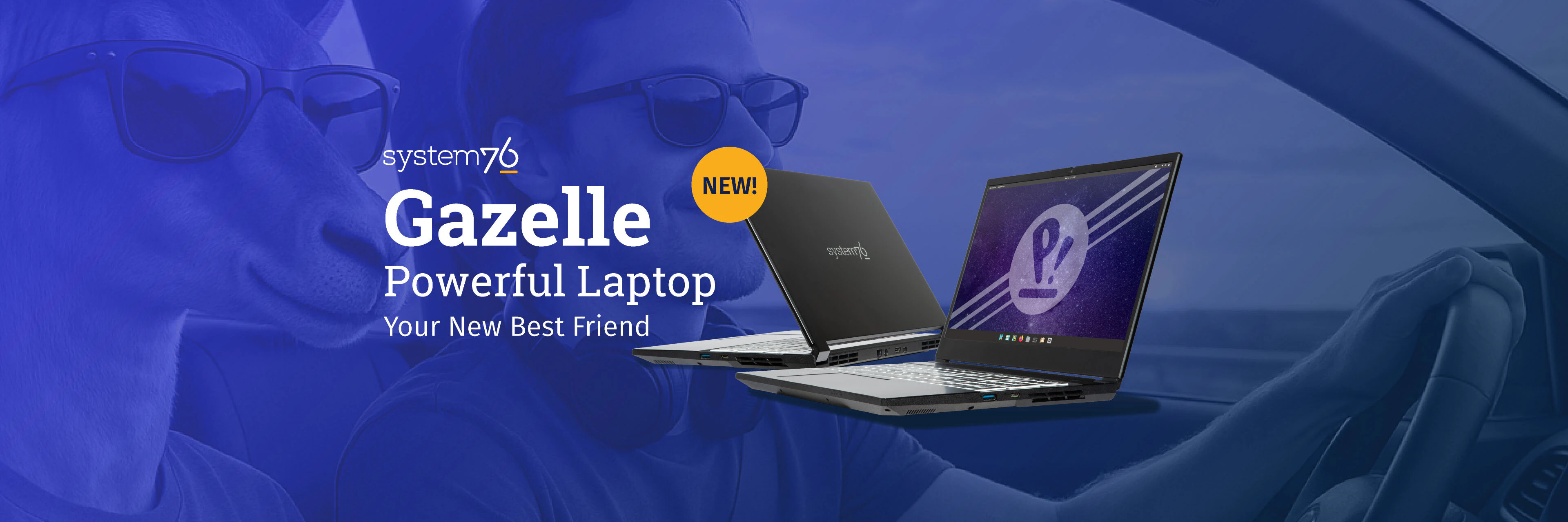 Gazelle powerful laptop: Your new best friend blog header. In the background, a user is driving around with his best Gazelle friend. They're both wearing shades.
