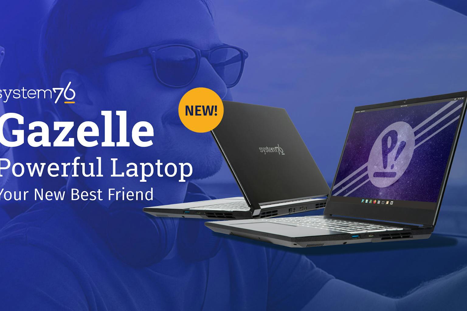 Gazelle powerful laptop: Your new best friend blog header. In the background, a user is driving around with his best Gazelle friend. They're both wearing shades.