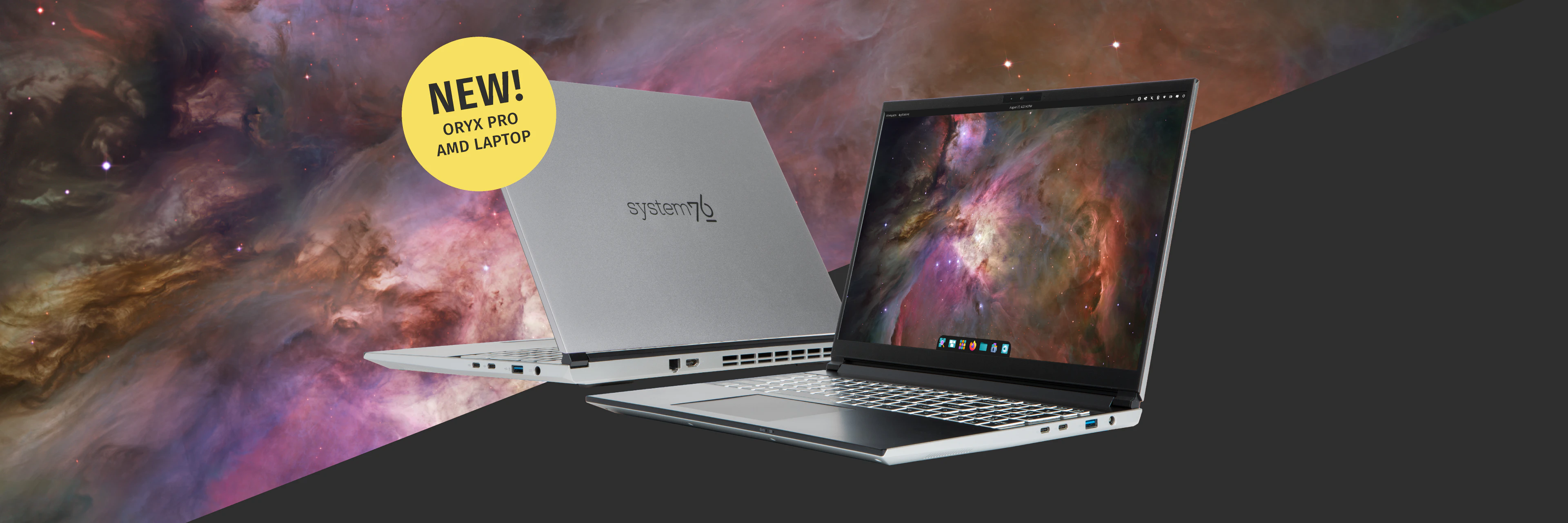 Front and back photos of the new Oryx Pro, lid open, featuring a silver aluminum exterior and Pop!_OS 24.04 LTS beta with the COSMIC desktop.