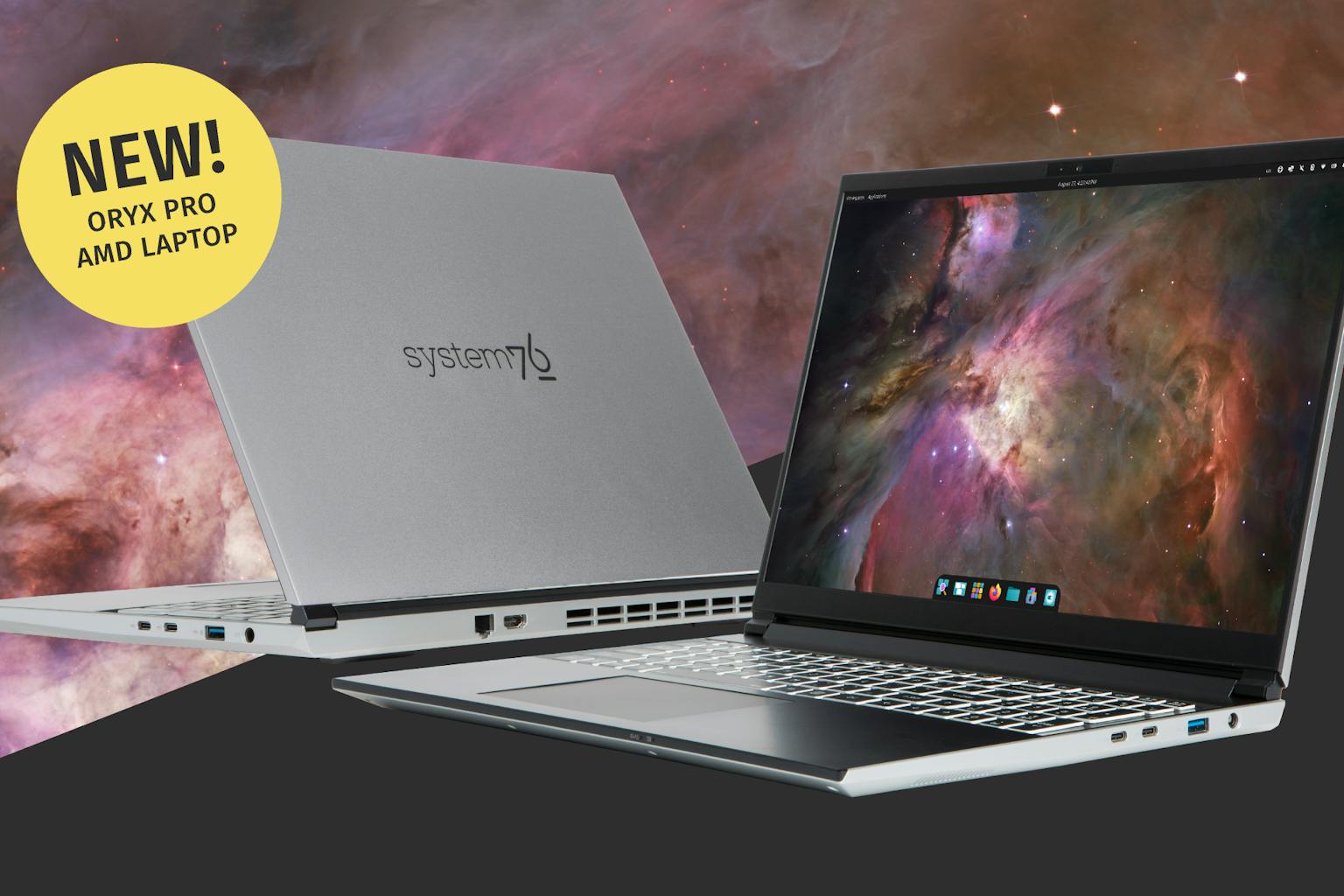 Front and back photos of the new Oryx Pro, lid open, featuring a silver aluminum exterior and Pop!_OS 24.04 LTS beta with the COSMIC desktop.