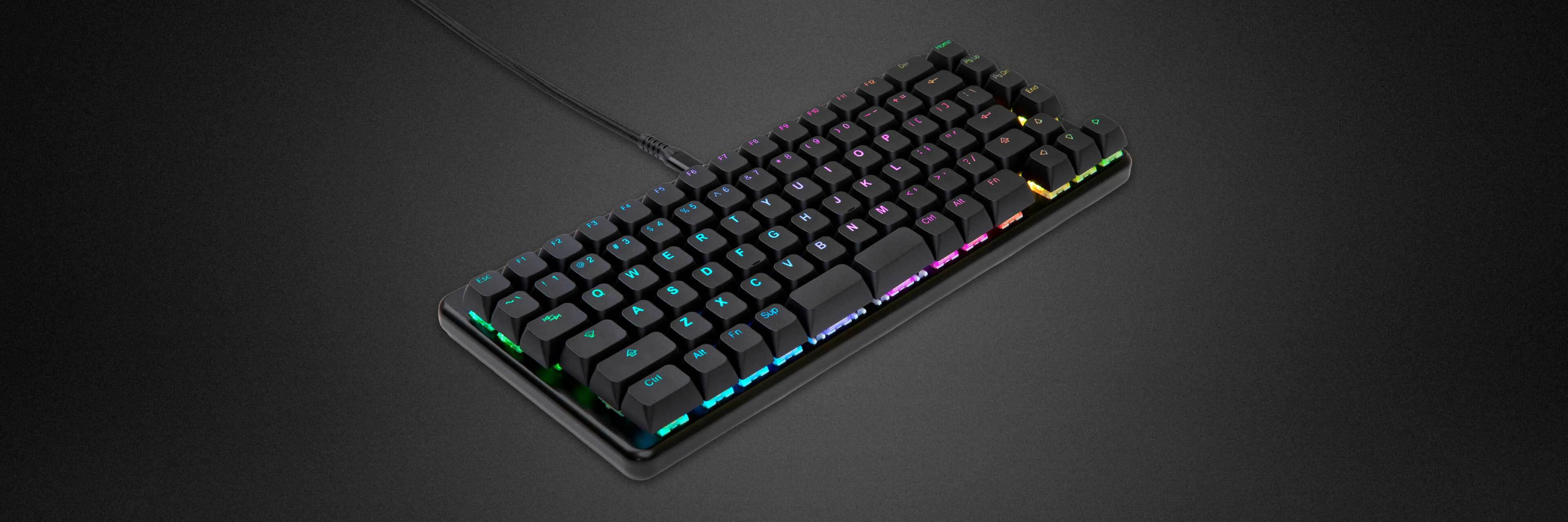 A beautifully handcrafted black aluminum keyboard with shine-through keycaps and customizable RGB LEDs.