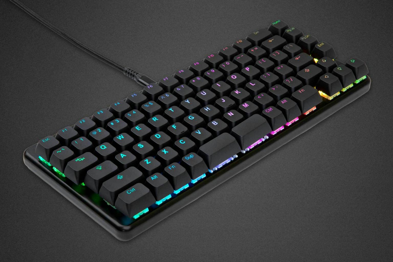 A beautifully handcrafted black aluminum keyboard with shine-through keycaps and customizable RGB LEDs.