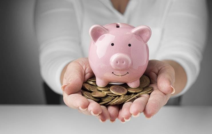 Person holding a piggy bank and coins