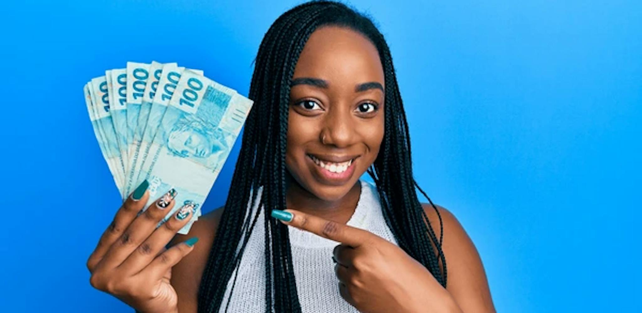 Woman Pointing at Money