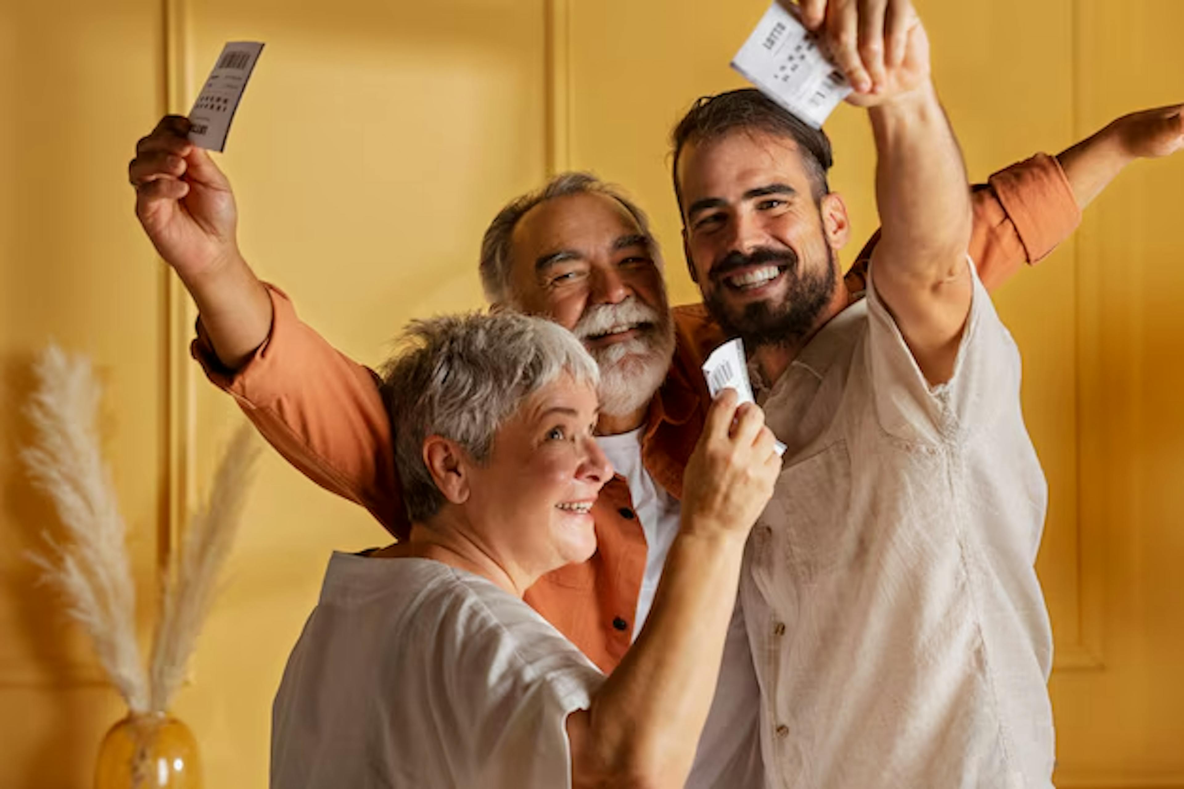 Happy people holding lottery tickets